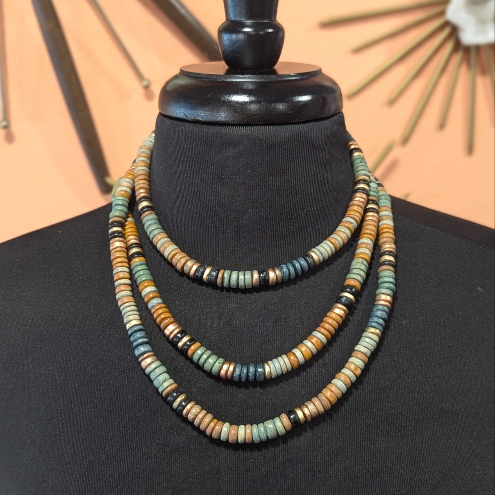 Bohemian Beaded Necklace Earth Tones Wood Bead 60" Long Coastal Vintage 90s